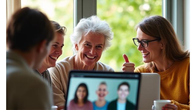 Grup de adulți zâmbitori, conectându-se online în timpul unui workshop Vigor Sempitern, plini de vitalitate și învățare.