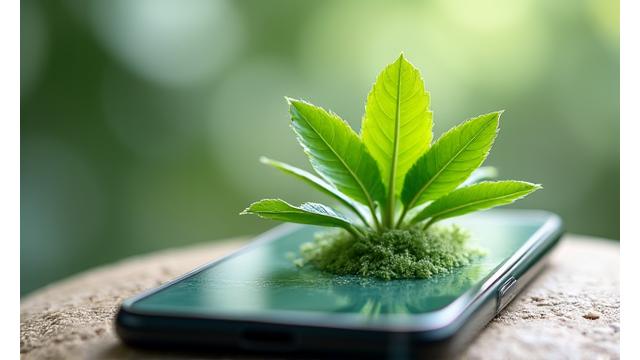 Telefon mobil cu o plantă crescând din ecran, simbolizând deconectarea din lumea digitală