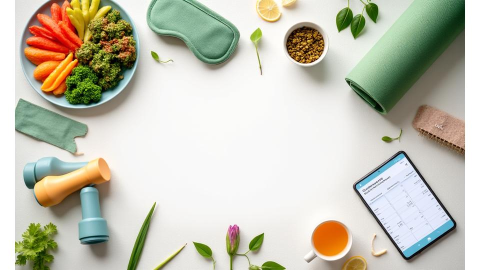 Diverse elemente dintr-un plan de wellness, cum ar fi mâncare sănătoasă, echipament de sport, un ceas cu monitorizarea somnului, o plantă de meditație, toate aranjate armonios.