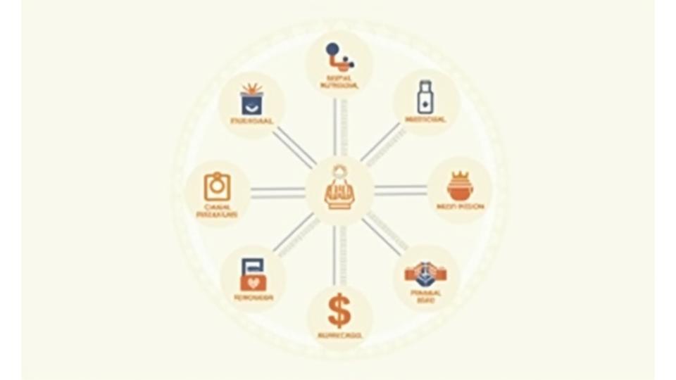 Iconuri reprezentând cele 7 dimensiuni ale wellness-ului, aranjate circular, indicând interconectivitatea.
